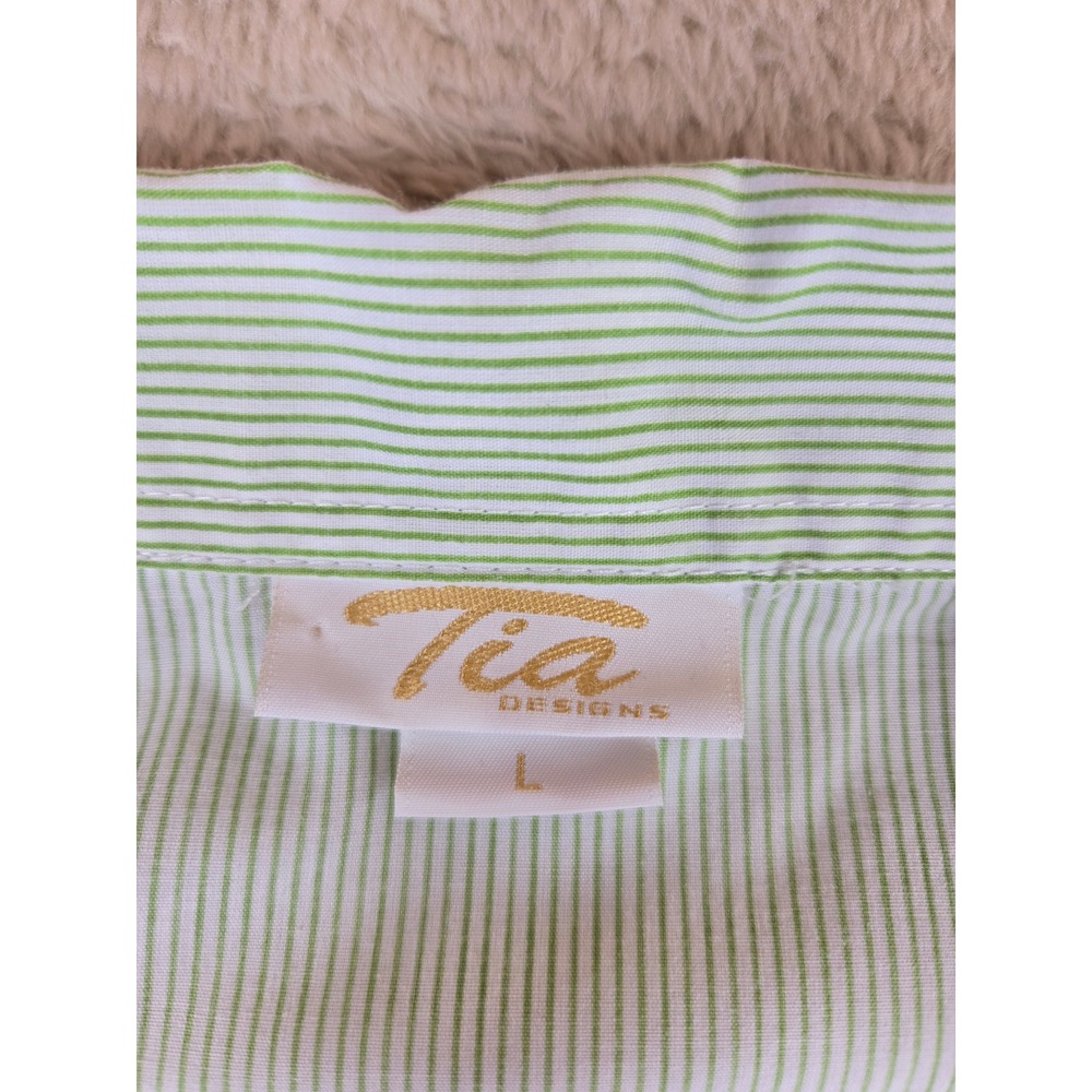 Vtg Tia Designs Green White Striped Button Down Shirt Clover Rhinestone Womens L - Picture 2 of 9